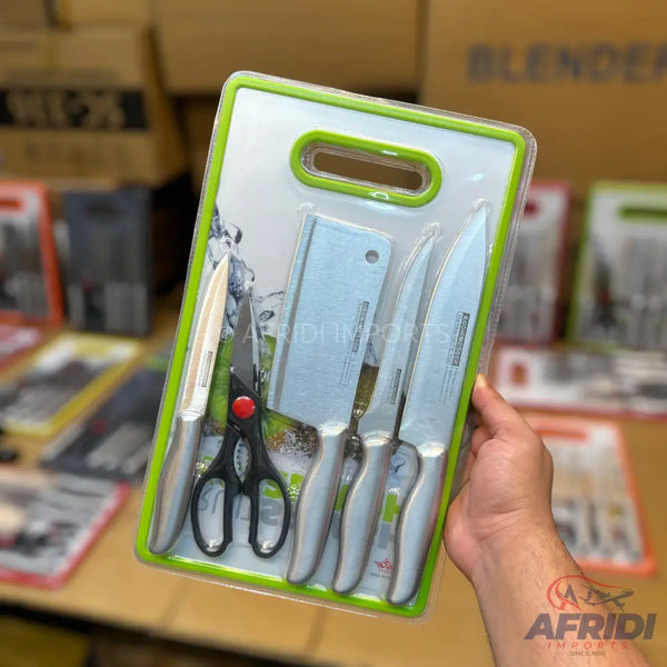 A kitchen knife set with a cutting board, cleaver, chef’s knife, utility knife, and scissors, all packaged together.