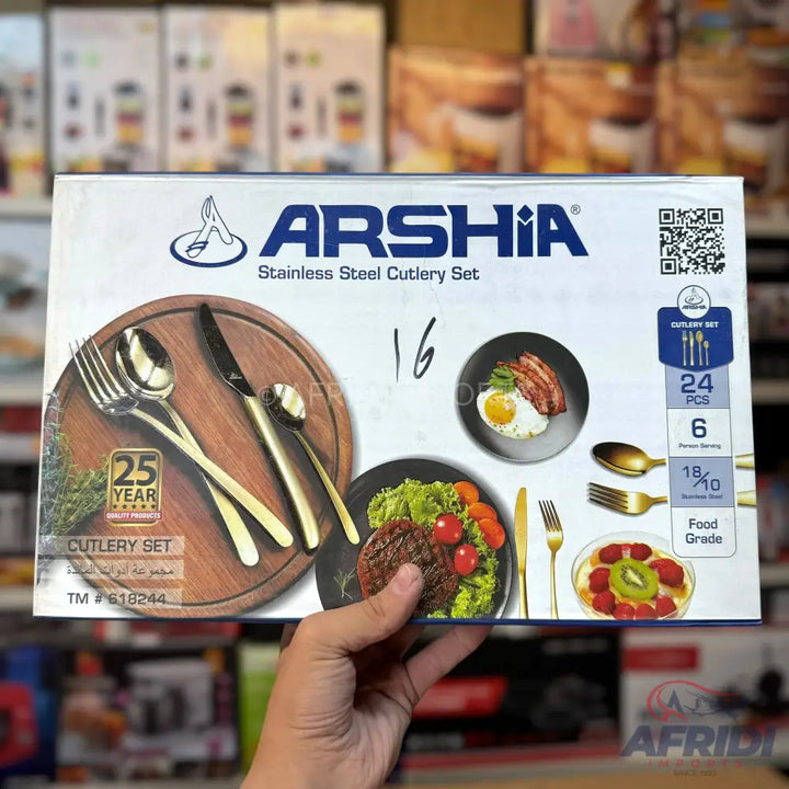 An Arshia 24-piece, 18/10 food-grade stainless steel cutlery set with a 25-year warranty.