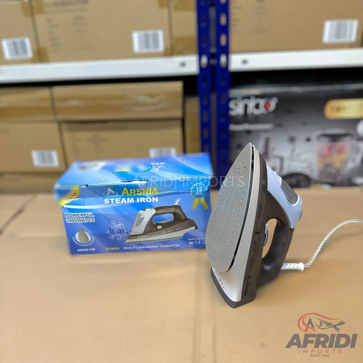 A steam iron with a black handle and light blue accents.