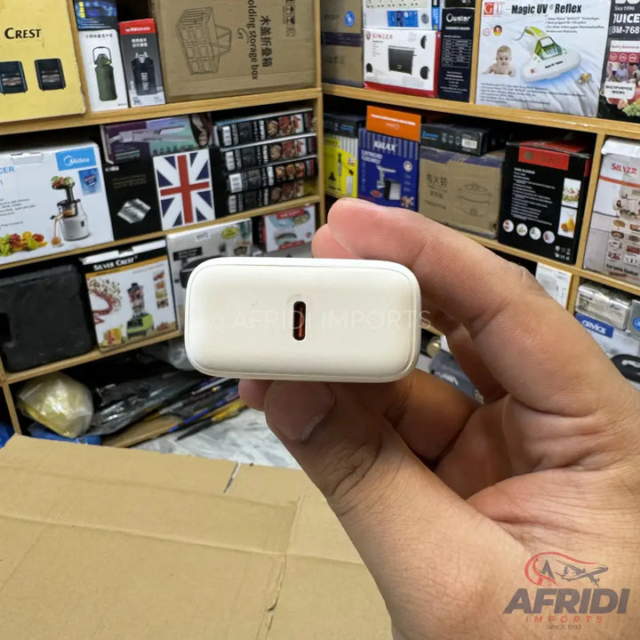 A white rectangular USB-C power adapter.