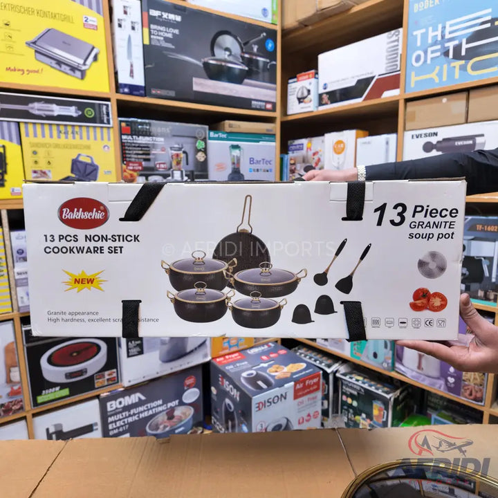 A 13-piece non-stick granite cookware set, including a soup pot.