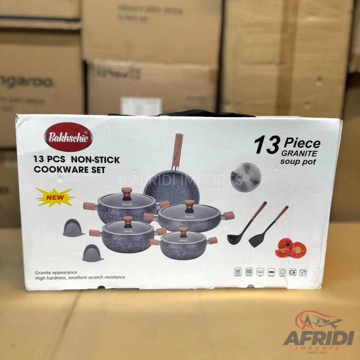 A 13-piece non-stick granite cookware set.