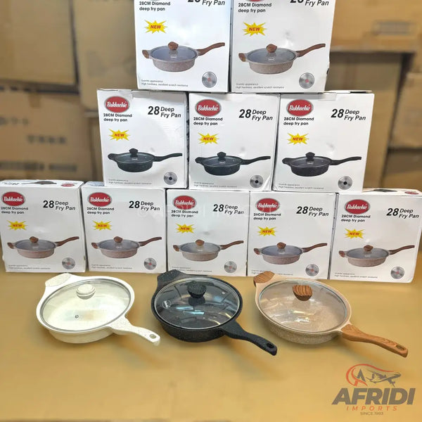 A collection of non-stick deep fry pans with glass lids, some with wooden handles.