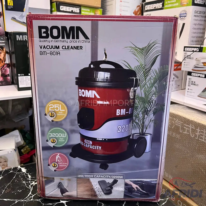 Red and black Boma vacuum cleaner with 25L capacity and 3200W power.