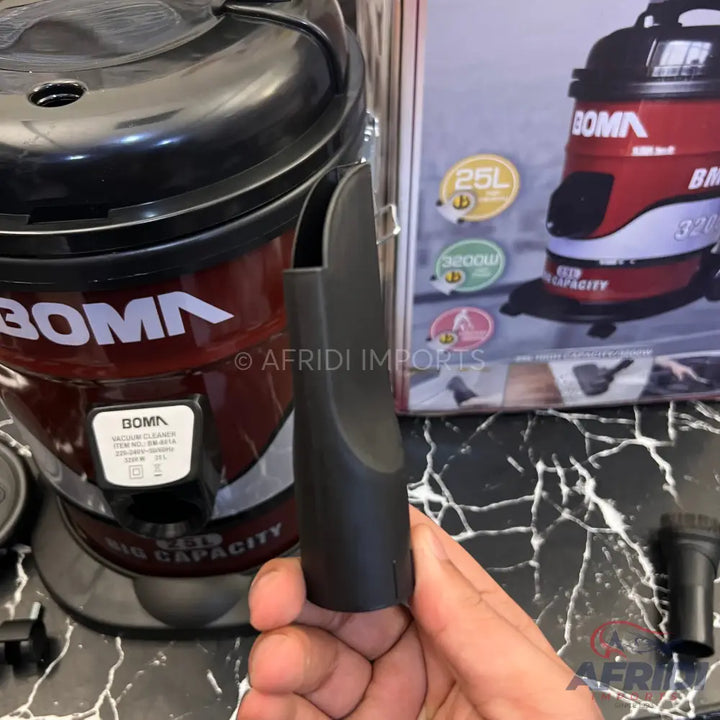 Red and black wet and dry vacuum cleaner with accessories.