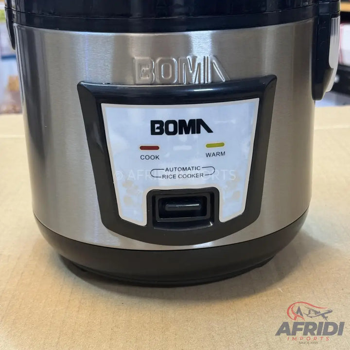 Stainless steel automatic rice cooker with black accents.
