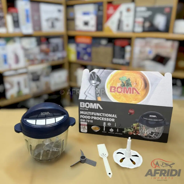 Blue and clear multi-functional food processor with a smiling face design on the lid, accompanied by its box, blades, and accessories.