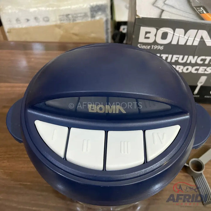 Dark blue, round kitchen appliance with four white buttons.