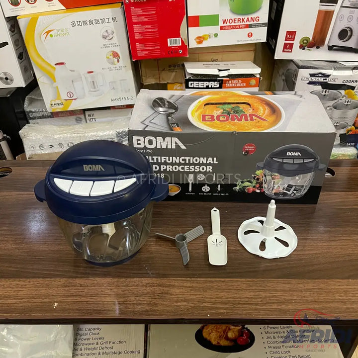 A blue and clear manual food processor with a pull-cord mechanism and various attachments.