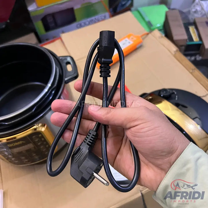A black power cord with a two-pronged plug for an electric pressure cooker.