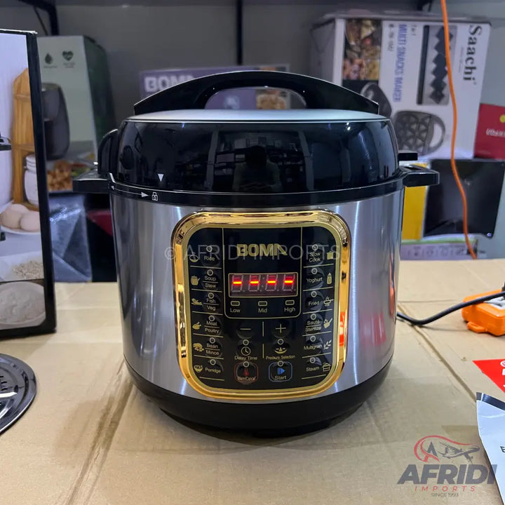 A multi-function electric pressure cooker with a digital display and various preset cooking options.