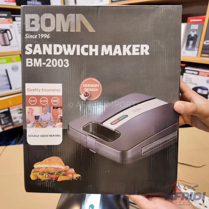 Boxed Boma Sandwich Maker BM-2003 with German design and double-sided heating, offering quality assurance.