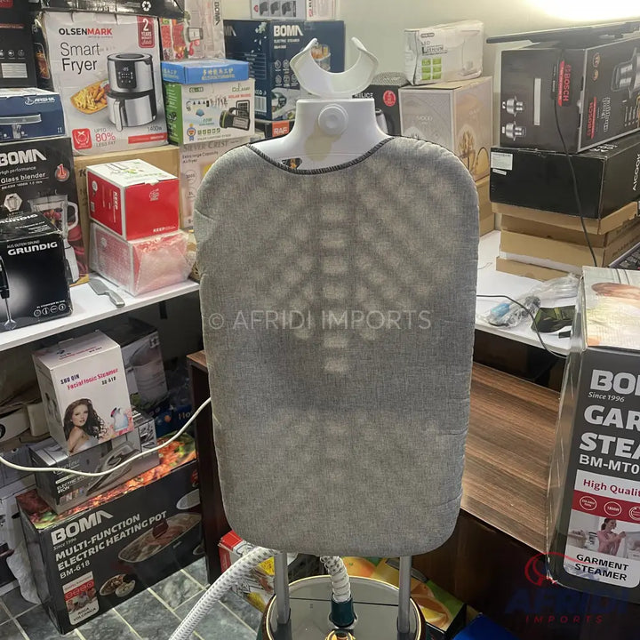 A grey garment steamer with a white neck form.