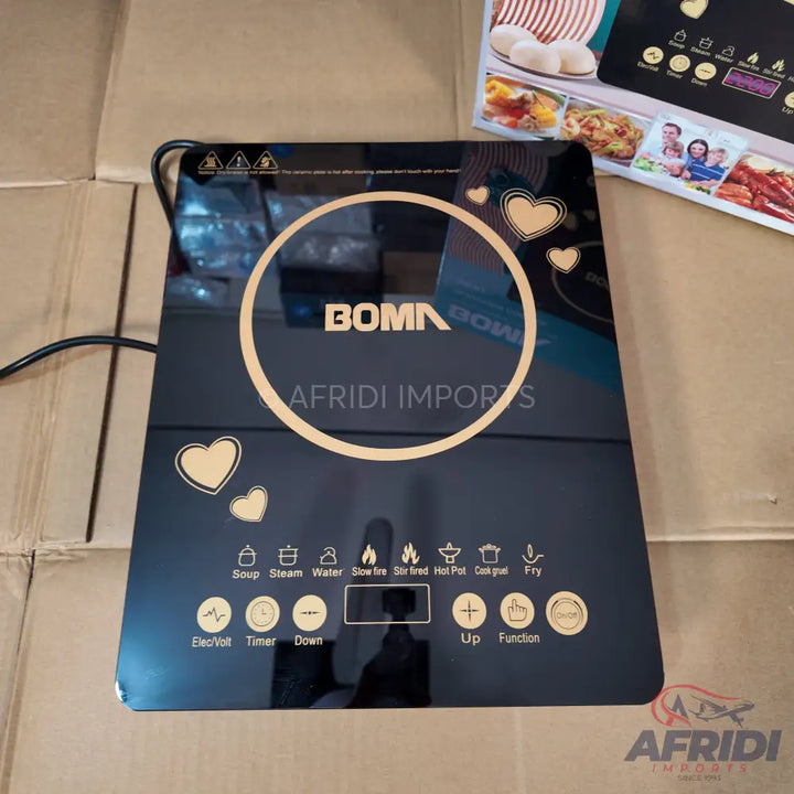 Black portable induction cooktop with touch controls and pre-set cooking functions.
