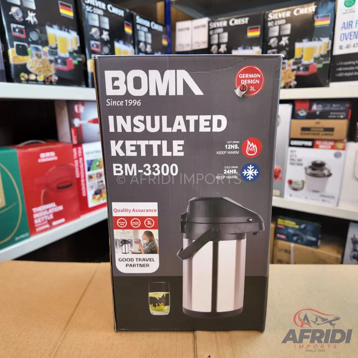 A Boman insulated kettle with a 3-liter capacity, designed to keep drinks hot for 12 hours and cold for 24 hours.