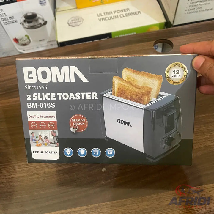 A BOMA 2-slice pop-up toaster with a German design and 12-month warranty.