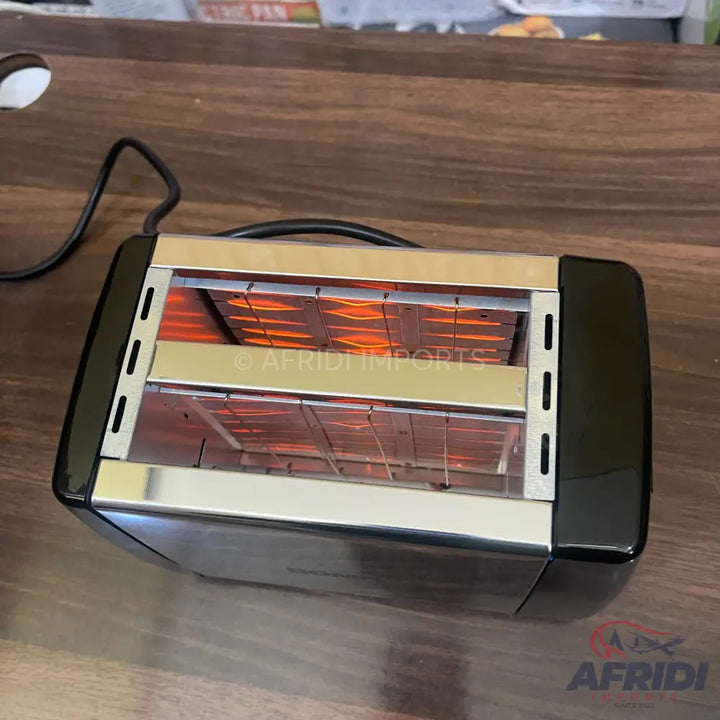 A black and silver toaster oven with two heating elements.