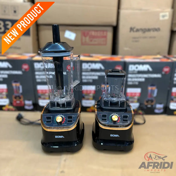 Two black and gold blenders with clear pitchers.