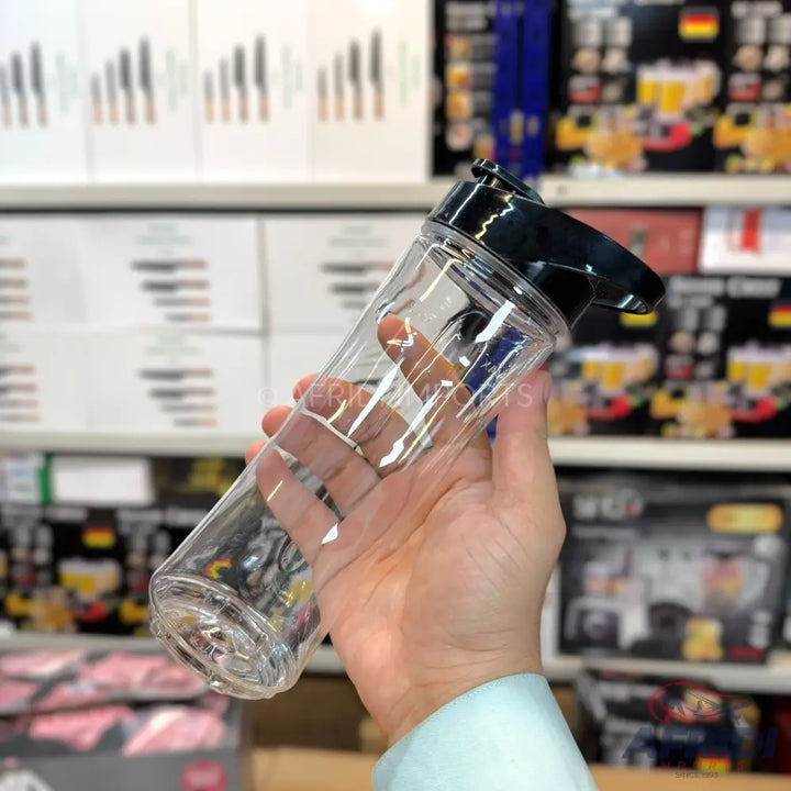 Clear plastic water bottle with a black flip-top lid.