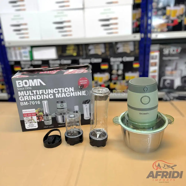 A multi-function grinding machine with a blender attachment, a small chopper, and a main unit with a power button and speed settings.