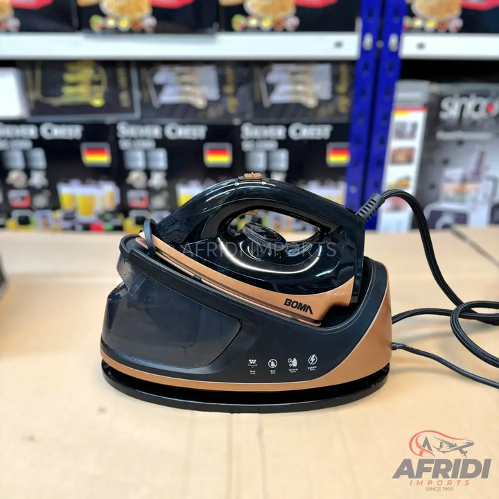 Cordless steam iron with a black body, copper accents, and a charging base with indicator lights.