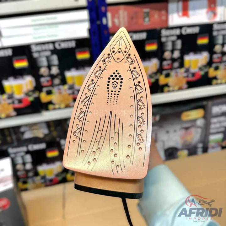 A steam iron with a metallic soleplate featuring multiple steam vents and a pointed tip.