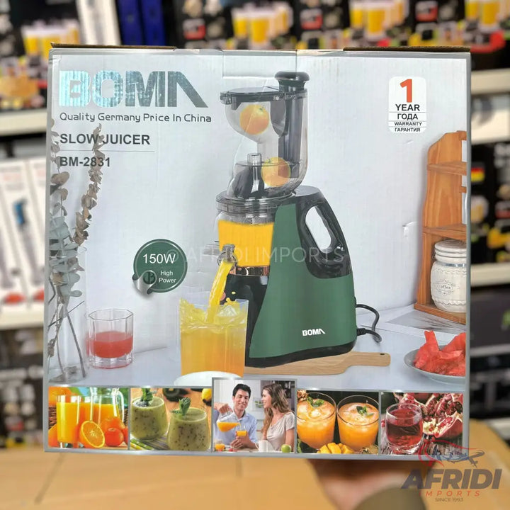 A dark green slow juicer with a transparent top, capable of extracting juice from fruits and vegetables, featuring a 150W high-power motor and a 1-year warranty.