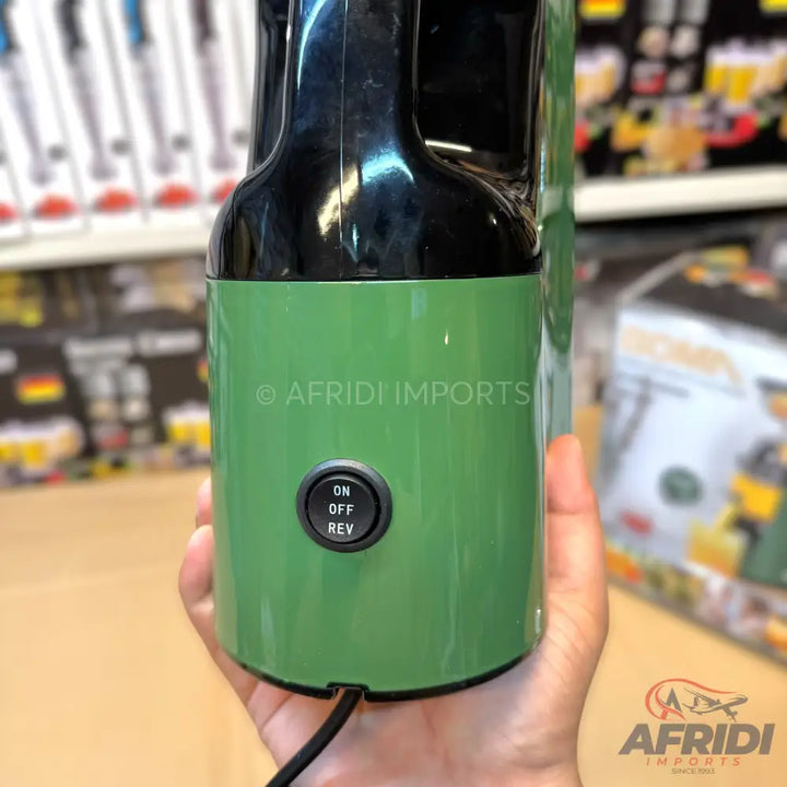 Green electric blender with a black power switch.