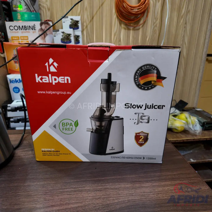 A Kalpen slow juicer with a 2-year warranty and BPA-free parts.