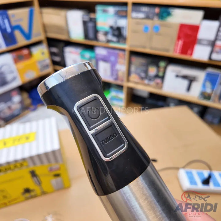 Black and silver immersion blender with two control buttons.