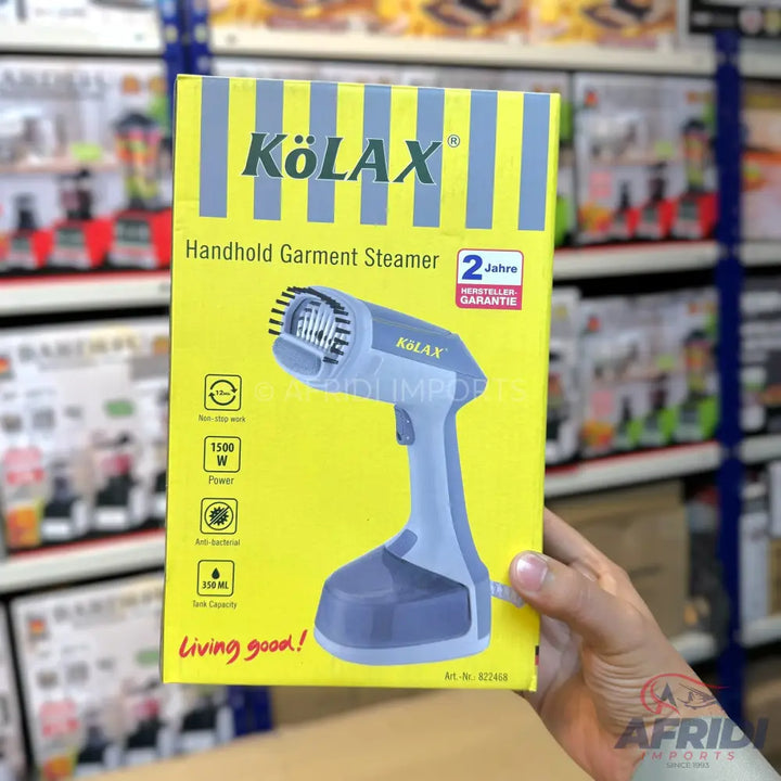 A yellow box containing a handheld garment steamer with a 2-year warranty, 1500W power, anti-bacterial function, and 250ml tank capacity.