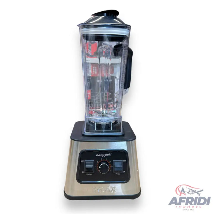 A clear plastic blender with a black lid and a brushed metal base, featuring controls for power, speed, and pulse functions.