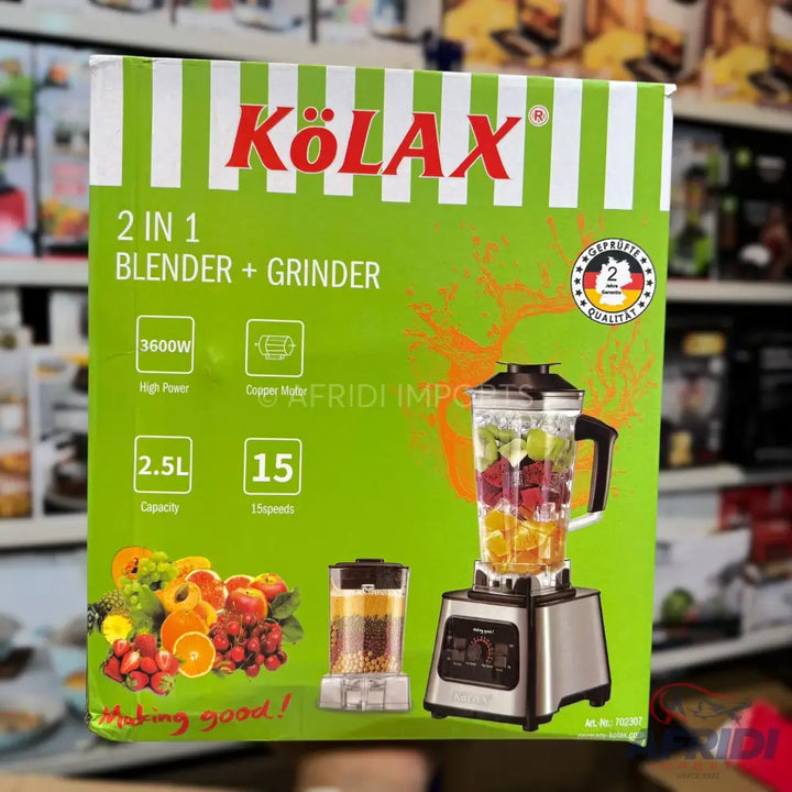 A KÖLAX 2-in-1 blender and grinder with a 3600W copper motor, 2.5L capacity, and 15 speeds.