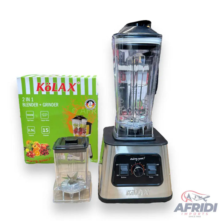 A stainless steel blender with two transparent pitchers, one large and one small, suitable for blending and grinding.