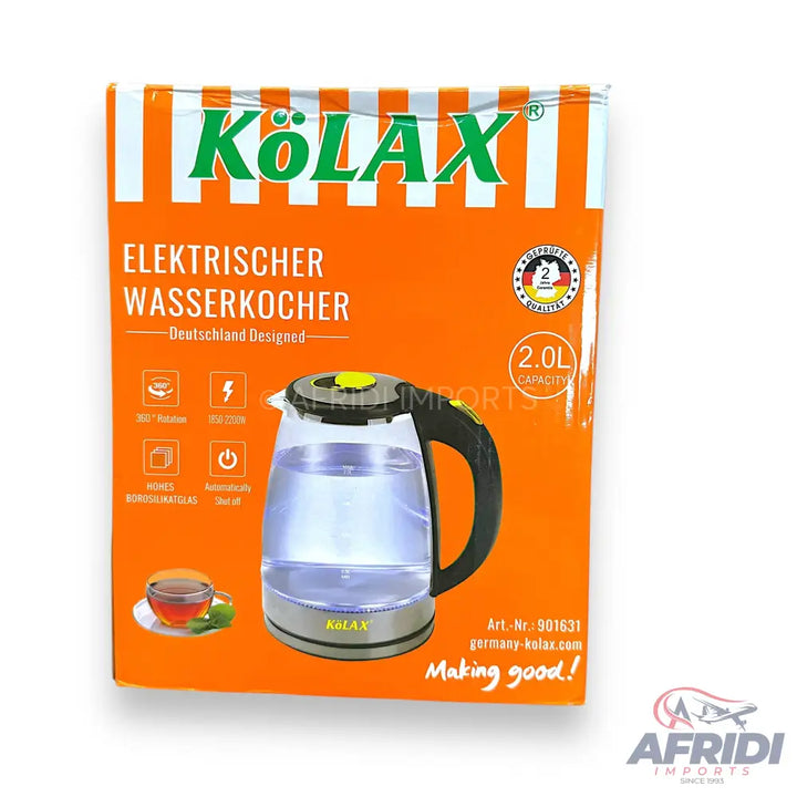 An orange and white box for a 2.0L capacity glass electric kettle.