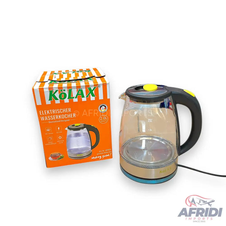 A Kolax electric glass kettle with a black handle and yellow accents, including a 2.0L capacity.