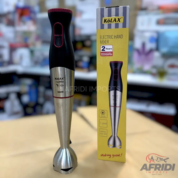 A black and silver immersion blender with a red accent and a two-year manufacturer’s guarantee.