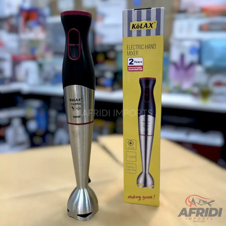 A black and silver immersion blender with a red accent and a two-year manufacturer’s guarantee.