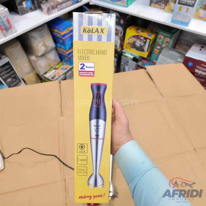 A KÖLAX electric hand mixer with a 2-year guarantee, 800W power, and 2-speed settings.