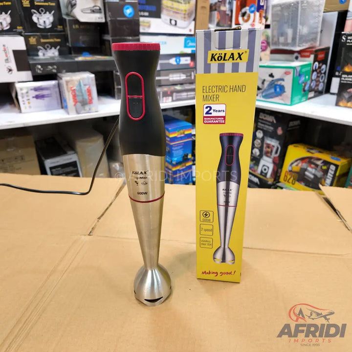 Black and silver electric hand mixer with red accents.