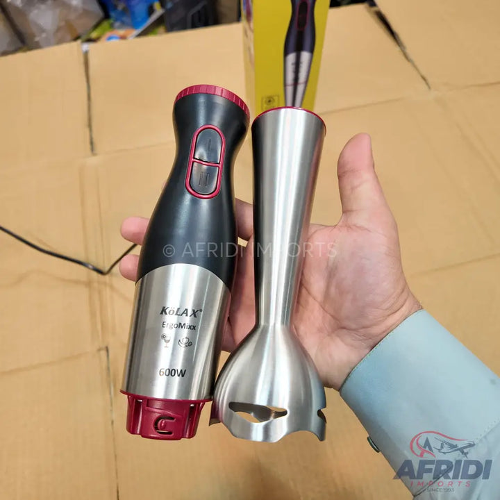 A handheld immersion blender with a detachable stainless steel blending shaft.