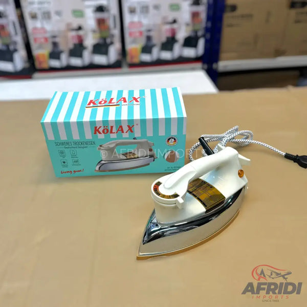 A white and chrome electric iron with a striped power cord.