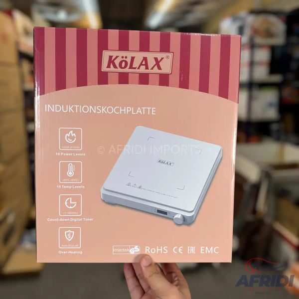 Kolax brand induction cooktop with 10 power and temperature levels, a countdown digital timer, and overheating protection.