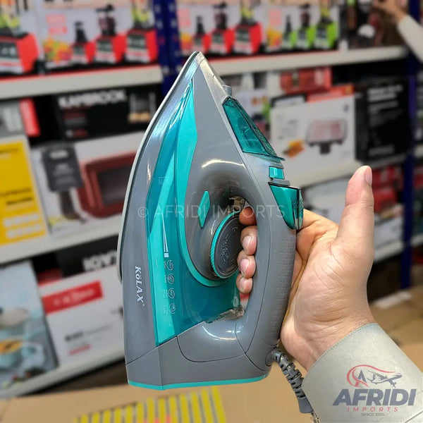 A grey and teal steam iron with a comfortable ergonomic handle.