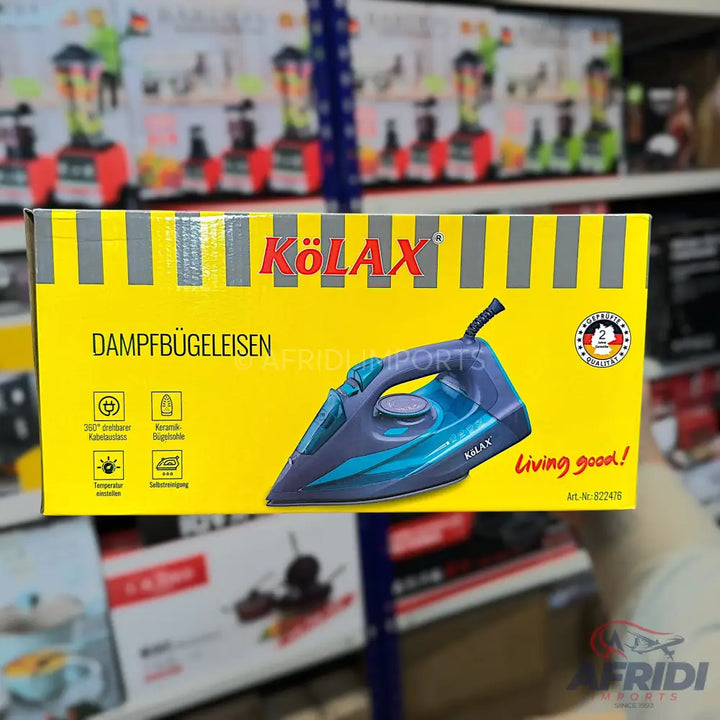 A blue and black steam iron with a ceramic soleplate and adjustable temperature control.