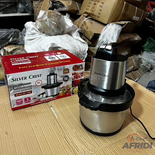 A silver and black electric food chopper with an 8-liter capacity, featuring a powerful 4000W motor and 3 speed settings for multi-purpose grinding.
