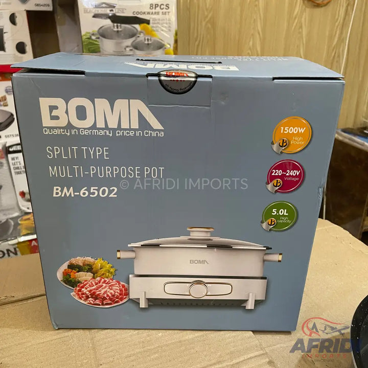 A split-type multi-purpose pot with 1500W power, 220-240V voltage, and a 5.0L capacity.