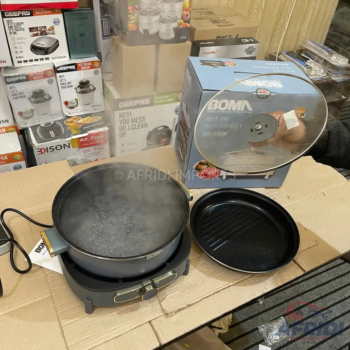 A multi-functional electric cooking pot with a separate grill plate.