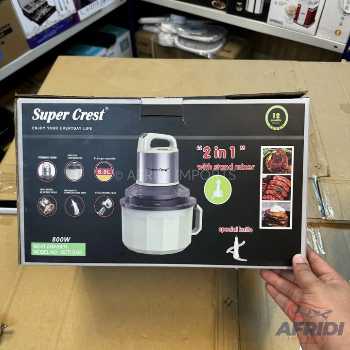 A Super Crest 2-in-1 meat grinder and stand mixer with a 6.0L capacity and 800W power.