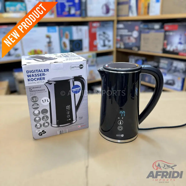 Black digital electric kettle with a 1.7-liter capacity.